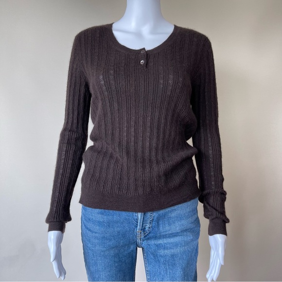 MANRICO CASHMERE SILK CREW NECK SWEATER BUTTON BROWN CABLE KNIT - Picture 6 of 15